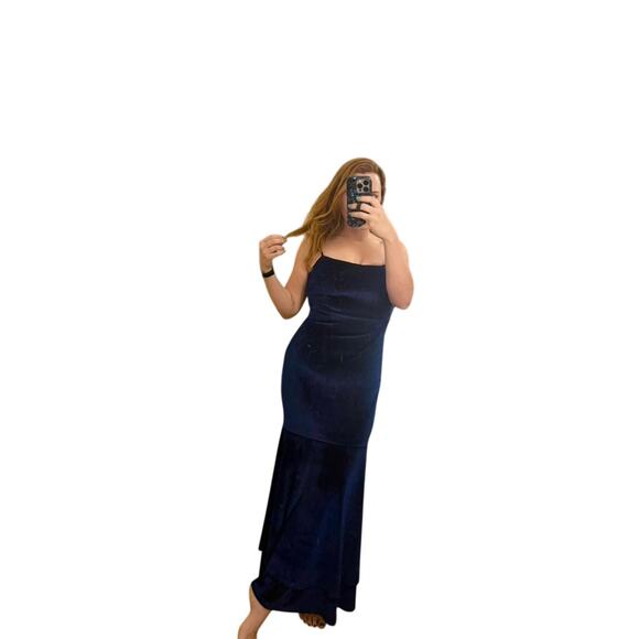 Lulu's Alluring Muse Navy Blue Velvet Tiered Trumpet Maxi Dress - Large - Picture 7 of 11